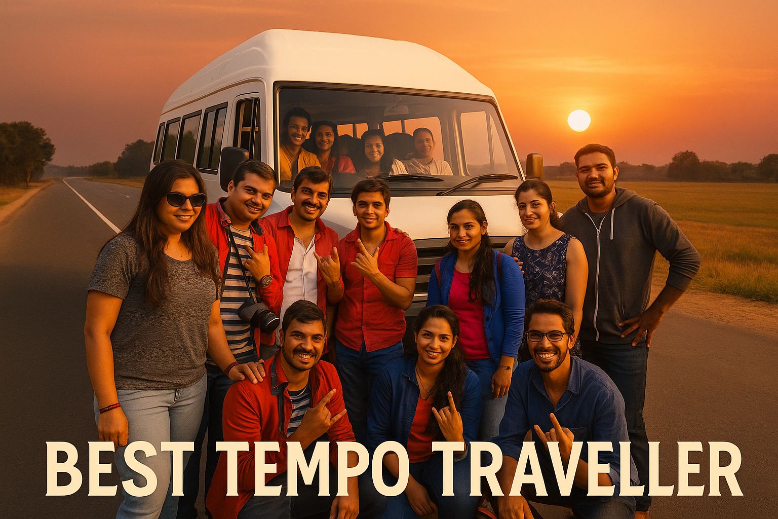 Group of smiling friends posing with a white tempo traveller in a scenic outdoor setting with the text 'Best Tempo Traveller' at the bottom"